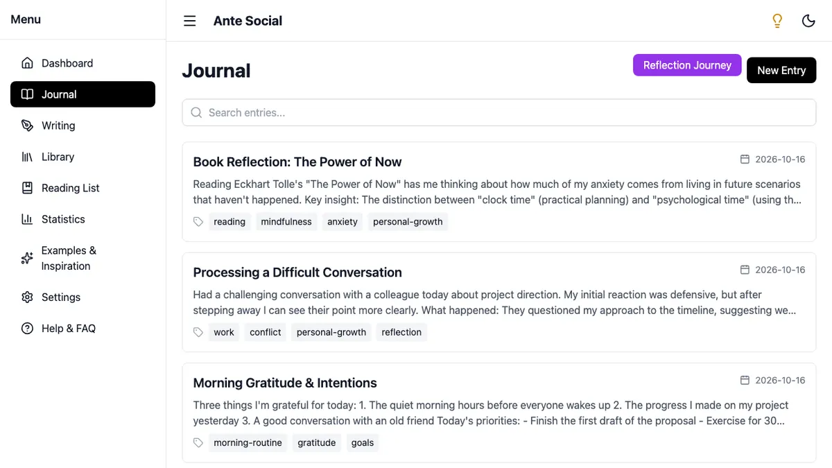 The Ante Social journal showing three example entries with tags